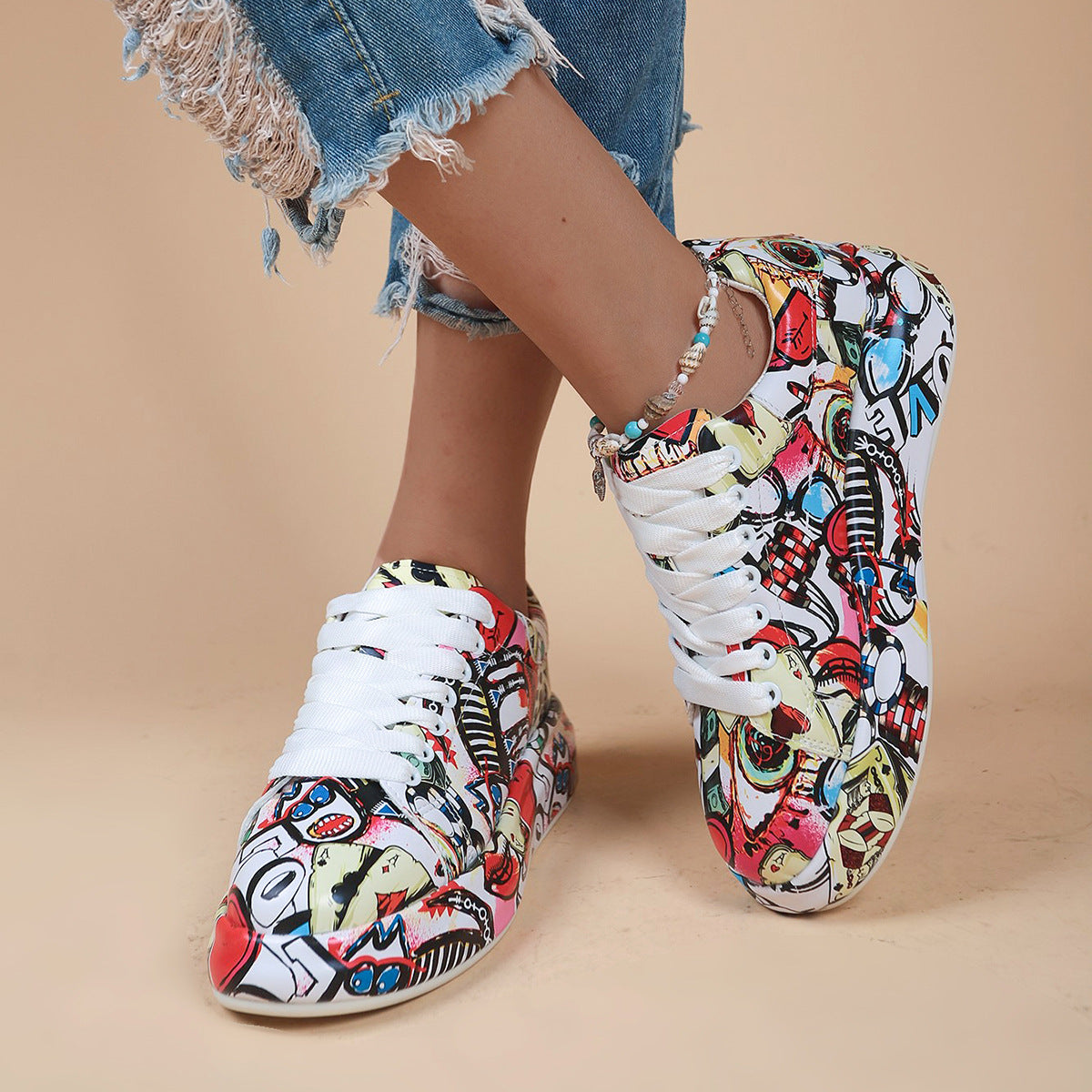 Cartoon Print Fashion Trendy Graffiti Halloween Colorful Lace up Platform Unisex Sneakers Shoes