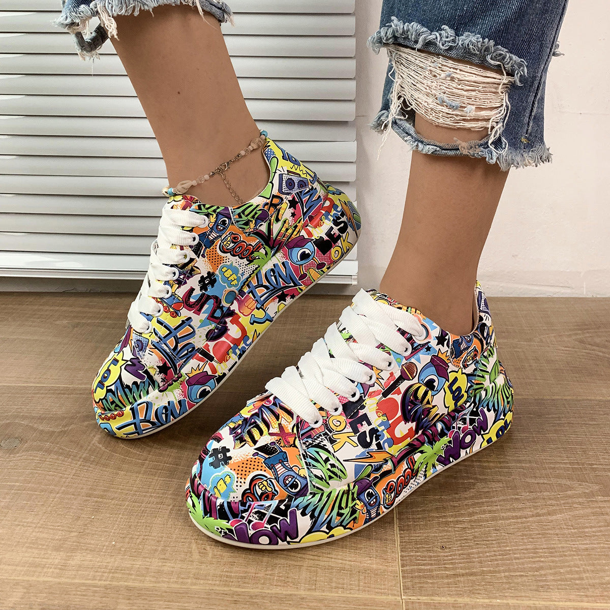 Cartoon Print Fashion Trendy Graffiti Halloween Colorful Lace up Platform Unisex Sneakers Shoes