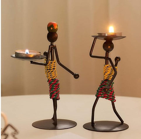 African Lady Figurine Tealight Candle Holder, Tabletop Candle Scape, Retro Iron Candle Stands Decor(2Pcs) Aromatherapy Handmade Oblique Glass Mosaic Candle Holder