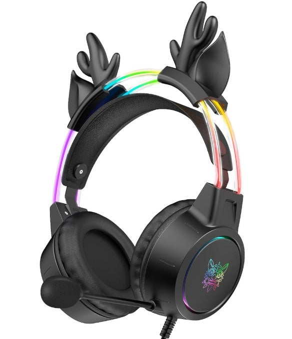 Gaming Work Music Antlers Cat Ears Headset with Noise Cancelling Surround Sound RGB Backlight Mic for PC Mac Nintendo PS4 PS5 Xbox One Mobile Phone