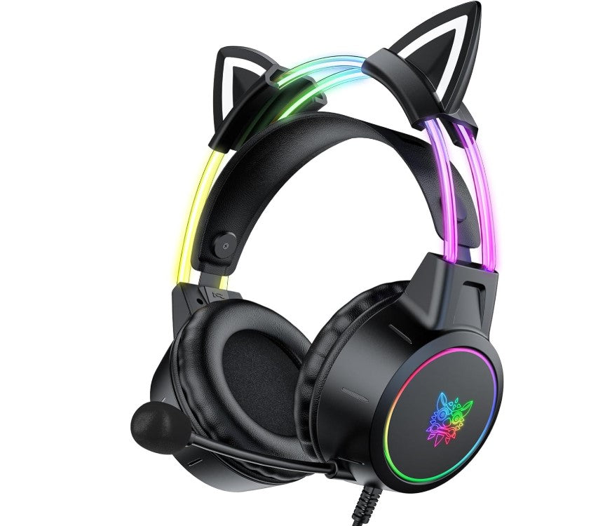 Gaming Work Music Antlers Cat Ears Headset with Noise Cancelling Surround Sound RGB Backlight Mic for PC Mac Nintendo PS4 PS5 Xbox One Mobile Phone