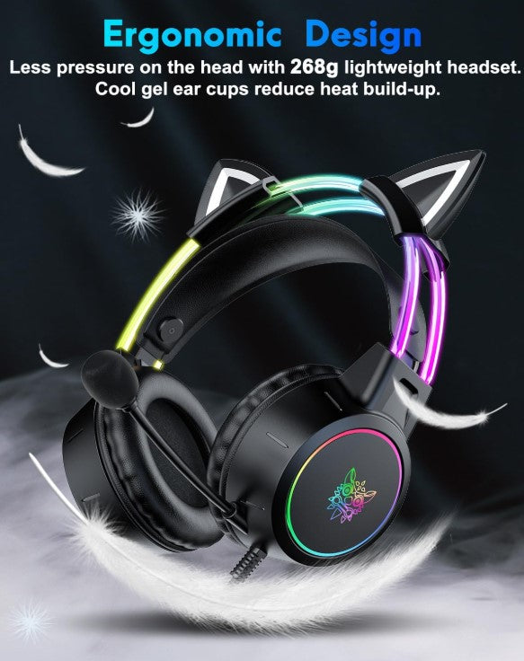 Gaming Work Music Antlers Cat Ears Headset with Noise Cancelling Surround Sound RGB Backlight Mic for PC Mac Nintendo PS4 PS5 Xbox One Mobile Phone