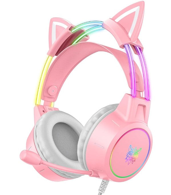 Gaming Work Music Antlers Cat Ears Headset with Noise Cancelling Surround Sound RGB Backlight Mic for PC Mac Nintendo PS4 PS5 Xbox One Mobile Phone