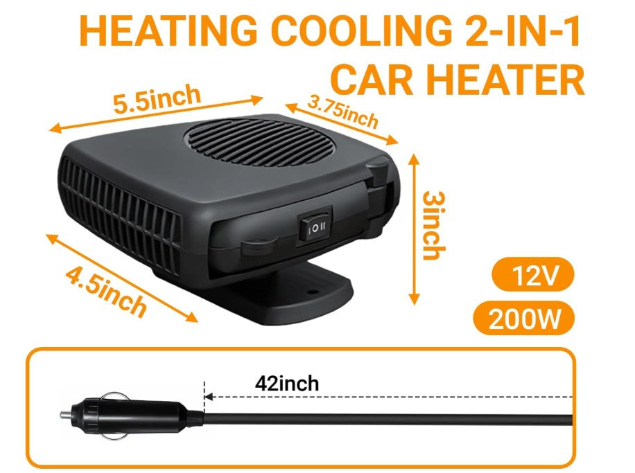 Car Heater, 12V 200W Fast Heating & Cooler Fan Portable Windshield Defogger & Defroster Plug into Cigarette Lighter, 360° Auto Heater for Car, SUV, Trucks