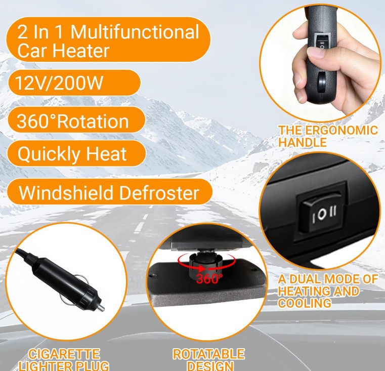 Car Heater, 12V 200W Fast Heating & Cooler Fan Portable Windshield Defogger & Defroster Plug into Cigarette Lighter, 360° Auto Heater for Car, SUV, Trucks