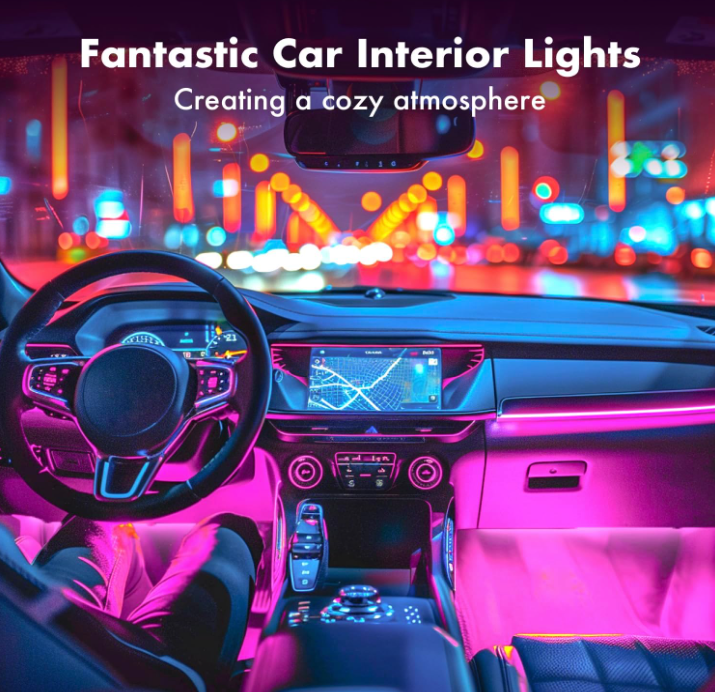 LED RGB Car Inside Lights with Smart App Control Dynamic Color Music Mode and Car Charger 4Pcs Strip