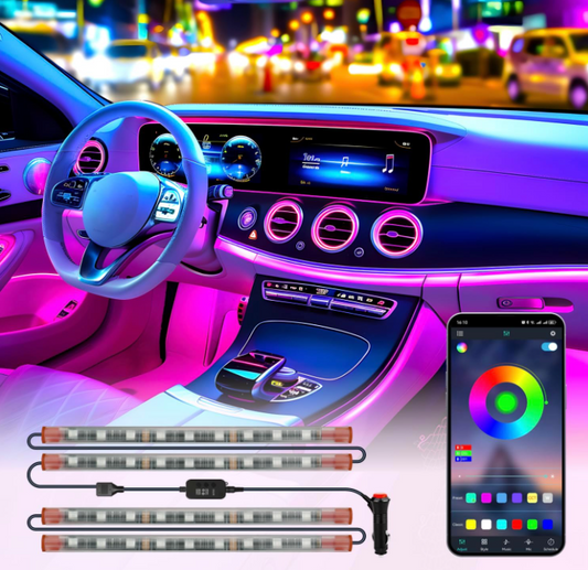 LED RGB Car Inside Lights with Smart App Control Dynamic Color Music Mode and Car Charger 4Pcs Strip