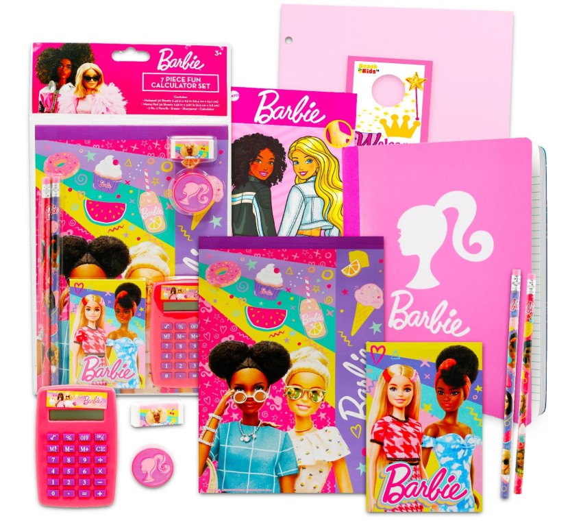 Back to School Barbie Art Supply Essentials Box Kit with Copy Books Pencils Markers Crayons Grades K-5 -32 Pieces
