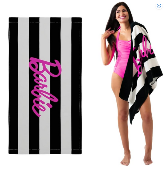 Barbie Classic Logo Black & White Striped Soft Cotton Bath Pool Beach Towel