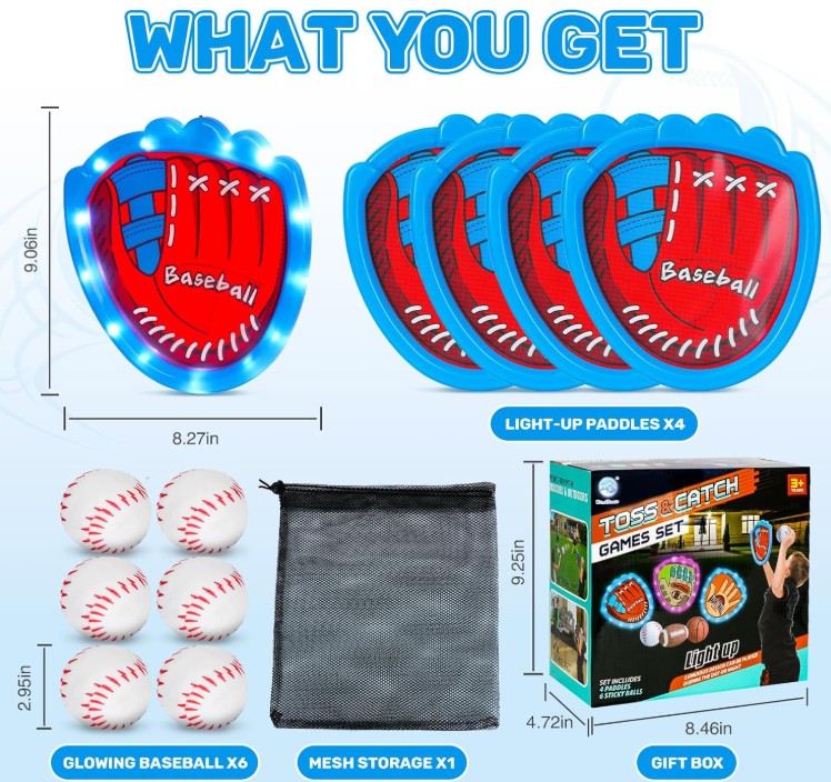 Toss and Catch Ball Game Set Kids Adults Sports and Outdoor Sticky LED Baseball Gloves and Balls for Catch Games for All Ages