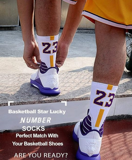 Basketball Running Sneaker Sports Graphic Athletic Player Numbers Team Spirit Colors Crew Socks for Boys, Girls, Men, Women 2 Pack