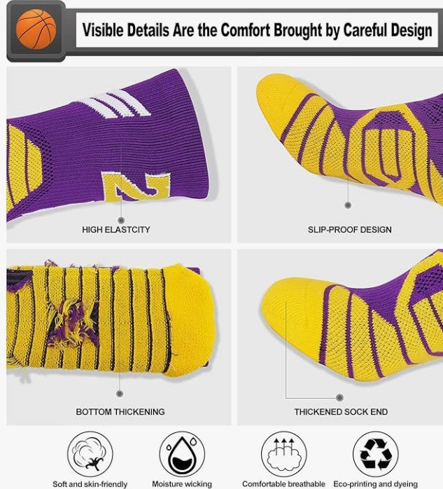 Basketball Running Sneaker Sports Graphic Athletic Player Numbers Team Spirit Colors Crew Socks for Boys, Girls, Men, Women 2 Pack