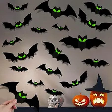 144 Pcs 3D Bats Cutouts Wall Glow in the Dark Eye Halloween Indoor Outdoor Decoration Lights