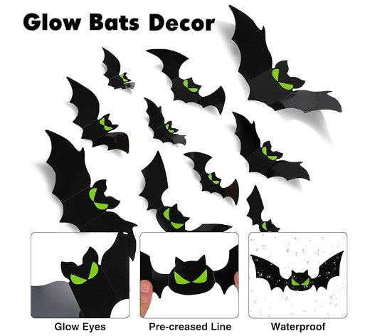 144 Pcs 3D Bats Cutouts Wall Glow in the Dark Eye Halloween Indoor Outdoor Decoration Lights