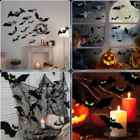 144 Pcs 3D Bats Cutouts Wall Glow in the Dark Eye Halloween Indoor Outdoor Decoration Lights