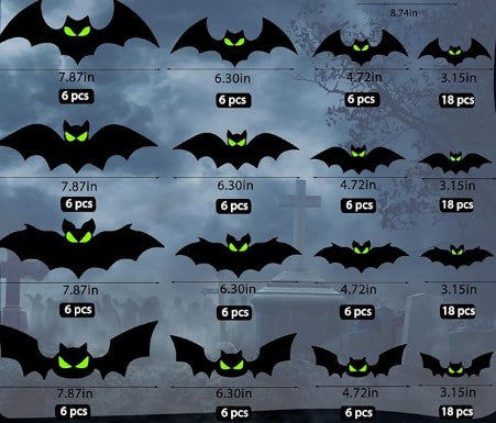 144 Pcs 3D Bats Cutouts Wall Glow in the Dark Eye Halloween Indoor Outdoor Decoration Lights