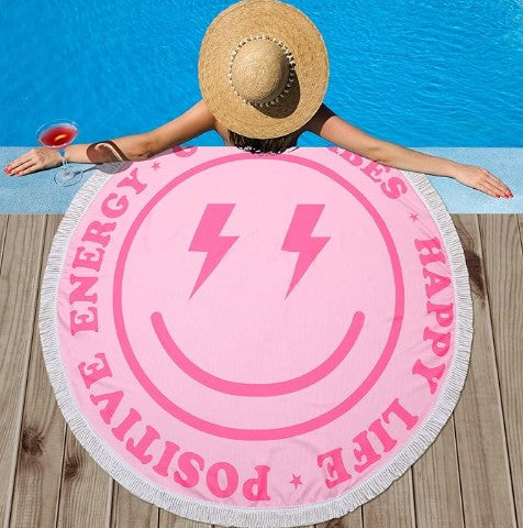 Positive Message Pink, Green Leaves American Flag 100 Dollar Bill Watermelon Design Beach Towel 60 Inch Smile Round Beach Pool Towel Preppy Rug Absorbent Face Blanket Quick Dry Happy Picnic Towels