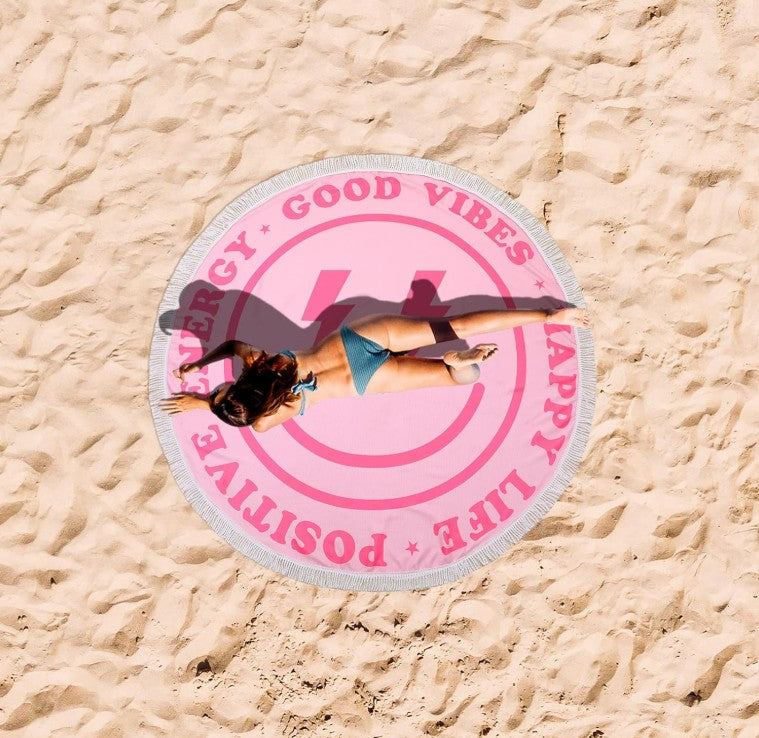 Positive Message Pink, Green Leaves American Flag 100 Dollar Bill Watermelon Design Beach Towel 60 Inch Smile Round Beach Pool Towel Preppy Rug Absorbent Face Blanket Quick Dry Happy Picnic Towels