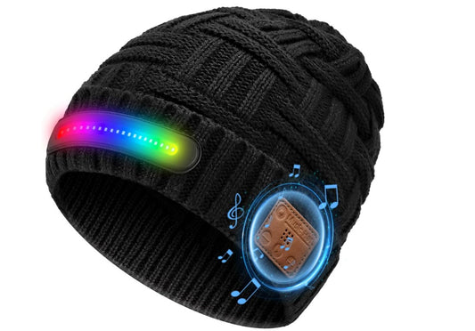 LED Lighted Bluetooth Beanie Hat, USB Rechargeable 4 LED Wireless Music Running Headlamp Cap for Men Women and Kids