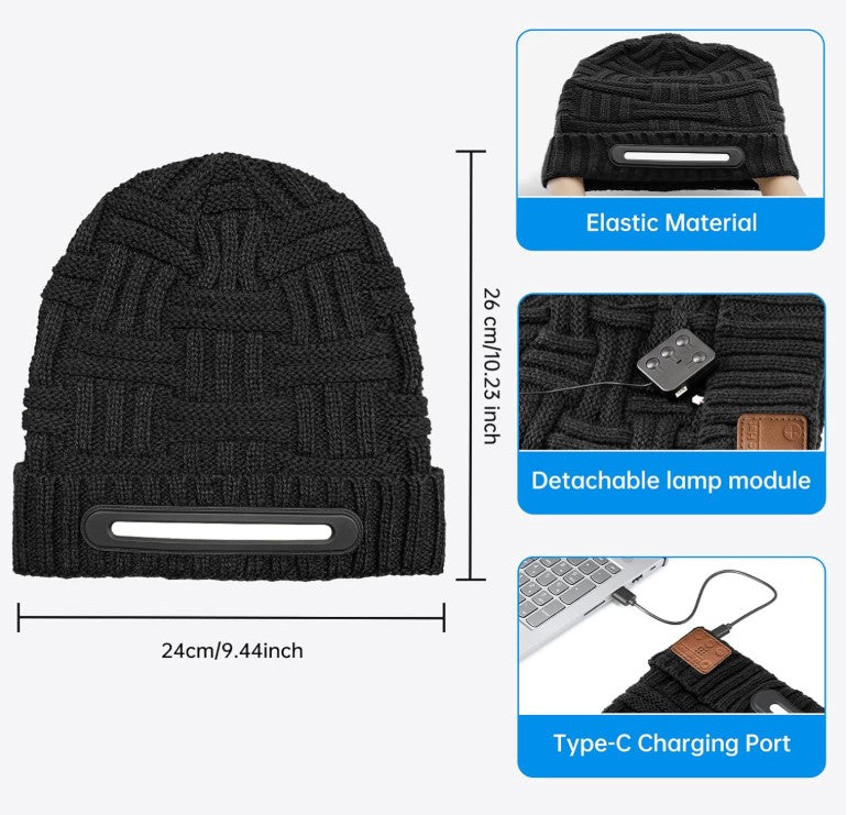 LED Lighted Bluetooth Beanie Hat, USB Rechargeable 4 LED Wireless Music Running Headlamp Cap for Men Women and Kids