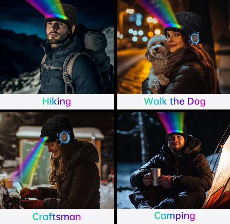 LED Lighted Bluetooth Beanie Hat, USB Rechargeable 4 LED Wireless Music Running Headlamp Cap for Men Women and Kids