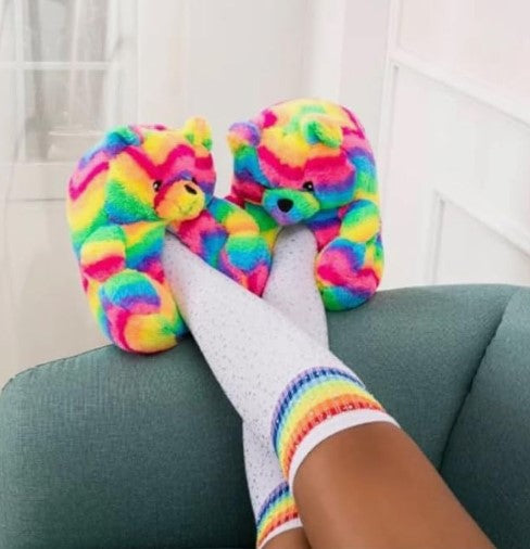 Women's Mens Cute Indoor Fuzzy Fur Fluffy Trendy Fun Slippers Red Pink Brown Rainbow Black Teddy Bear Animal Slippers Birthday Valentine's Gifts