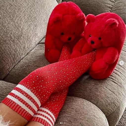 Women's Mens Cute Indoor Fuzzy Fur Fluffy Trendy Fun Slippers Red Pink Brown Rainbow Black Teddy Bear Animal Slippers Birthday Valentine's Gifts