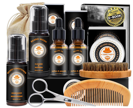 Men Beard Grooming Kit Conditioner Oils Balm Brush Wash Comb with Travel Bag and Beard E-Book