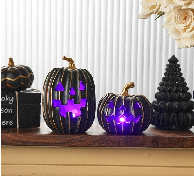 Pumpkin Halloween Decorations Indoor for Home, 2Pcs Resin Halloween Figurines with Light, White and Orange Jack o Lantern Decor