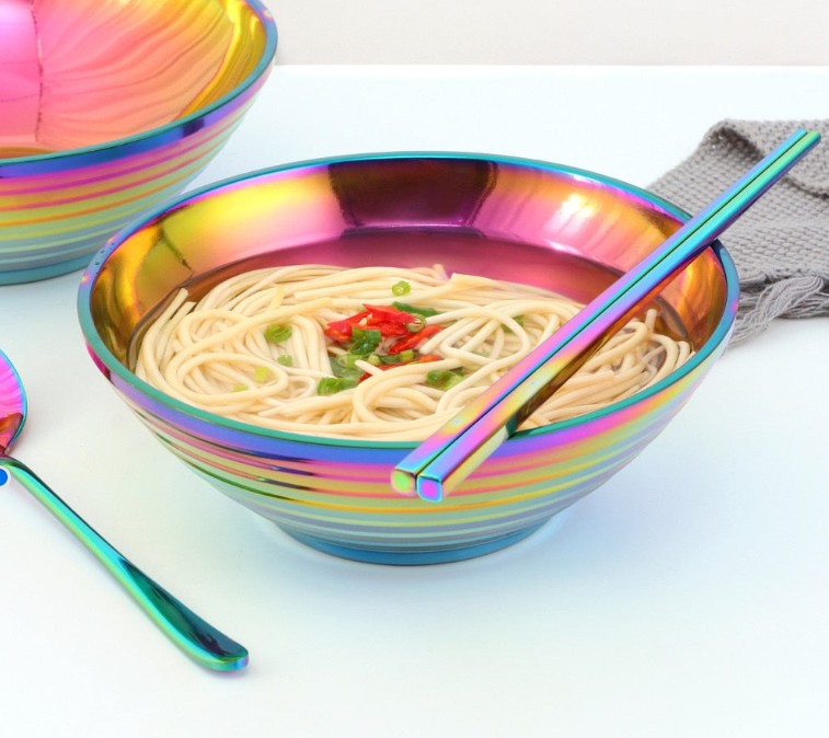 Stainless Steel Rainbow Silver Gold Rose Gold Double Layer Dinner Cereal Bowls Plates Thick Bowls for Kitchen Food Noodles Ramen