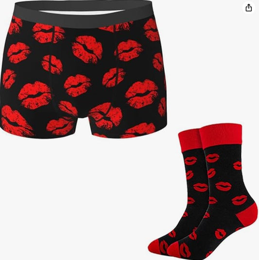 Funny Valentines Day Gifts For Men Lipstick Kisses All Over Black Red Boxer Briefs & Socks Gift Set