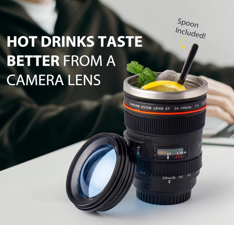 Stainless steel Insulated Camera Lens Coffee Tea Beverage Travel Thermos Mug with Lid and Spoon