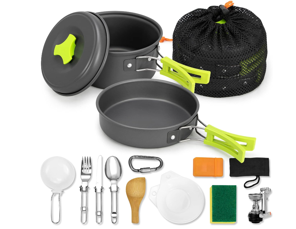 15 PC Camping Cookware Portable Outdoor Mess Kit Non-Stick Lightweight ...