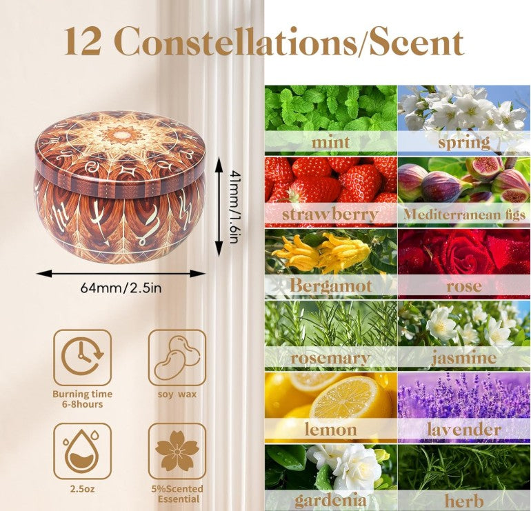 Zodiac Constellation Scented Candles for Home Set 2.5oz Strong Aromatherapy Candle Pack in Travel Tin Jars Long Lasting Fragrance Soy Candle 12 Pack