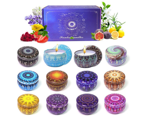 Zodiac Constellation Scented Candles for Home Set 2.5oz Strong Aromatherapy Candle Pack in Travel Tin Jars Long Lasting Fragrance Soy Candle 12 Pack