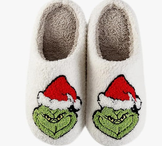 Cute Soft Plush Fur Non-Slip Cartoon Red and Green Christmas Reindeer Grinch House Slip on Slippers for Men and Women Kids