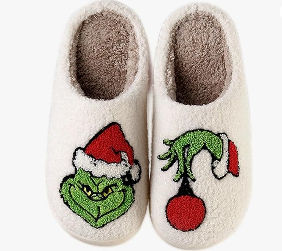 Cute Soft Plush Fur Non-Slip Cartoon Red and Green Christmas Reindeer Grinch House Slip on Slippers for Men and Women Kids