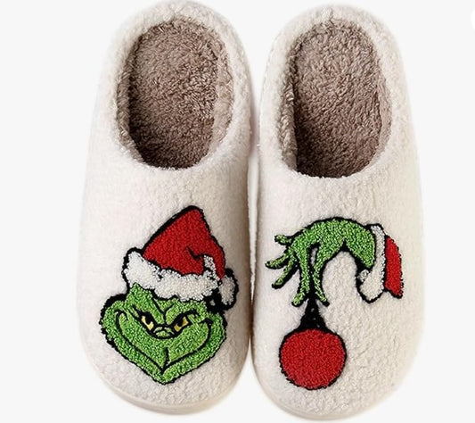 Cute Soft Plush Fur Non-Slip Cartoon Red and Green Christmas Reindeer Grinch House Slip on Slippers for Men and Women Kids