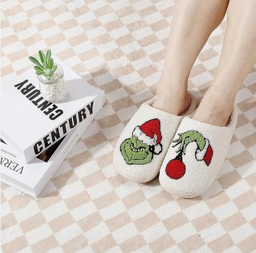 Cute Soft Plush Fur Non-Slip Cartoon Red and Green Christmas Reindeer Grinch House Slip on Slippers for Men and Women Kids
