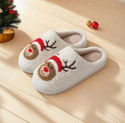 Cute Soft Plush Fur Non-Slip Cartoon Red and Green Christmas Reindeer Grinch House Slip on Slippers for Men and Women Kids