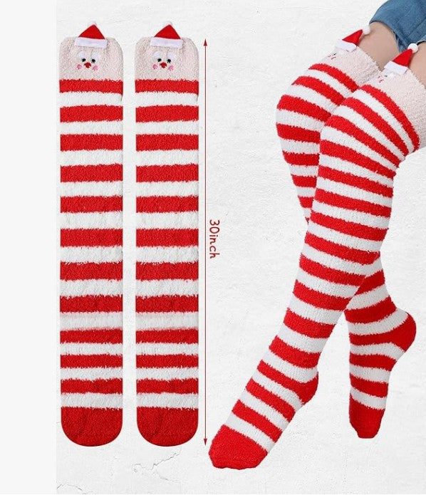 Fun Women Christmas Thigh High Fuzzy Socks Cute Cartoon over Knee Fluffy Striped Stockings Winter Leg Warmers