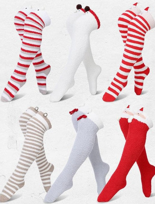 Fun Women Christmas Thigh High Fuzzy Socks Cute Cartoon over Knee Fluffy Striped Stockings Winter Leg Warmers