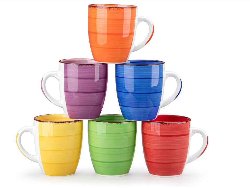 7.5 - 10.5 Inch Dinner Red Yellow Orange Purple Blue Green Ceramic Stone Plate and Matching Six Set Mugs Large Dinner Dessert Salad Dinner ware for Kitchen and Dishwasher Safe, Multicolor