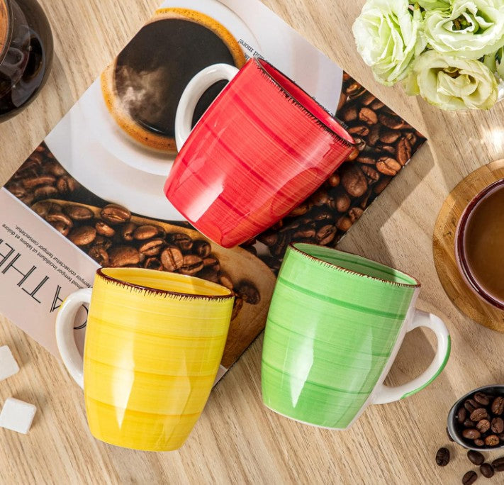 7.5 - 10.5 Inch Dinner Red Yellow Orange Purple Blue Green Ceramic Stone Plate and Matching Six Set Mugs Large Dinner Dessert Salad Dinner ware for Kitchen and Dishwasher Safe, Multicolor