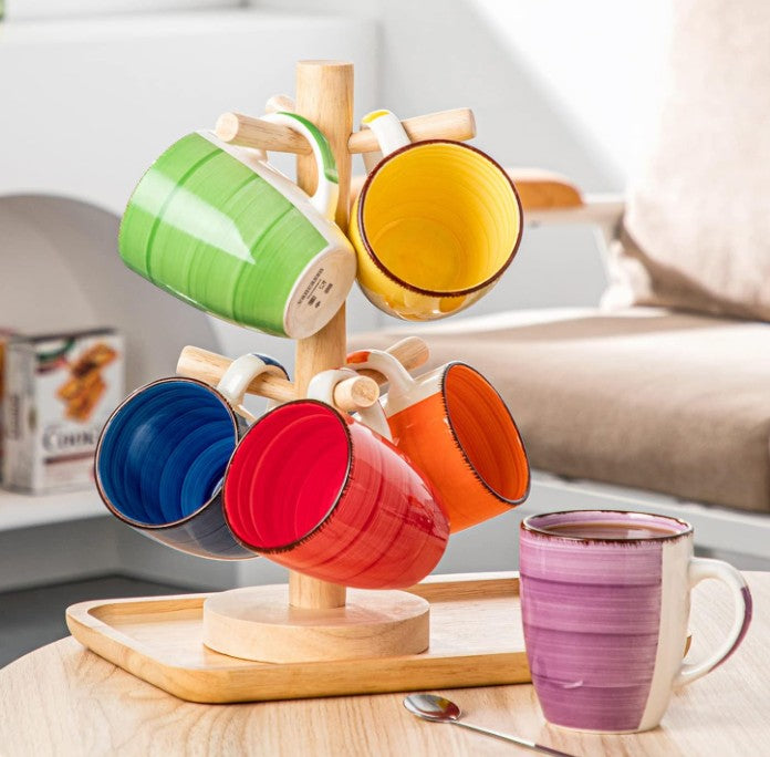7.5 - 10.5 Inch Dinner Red Yellow Orange Purple Blue Green Ceramic Stone Plate and Matching Six Set Mugs Large Dinner Dessert Salad Dinner ware for Kitchen and Dishwasher Safe, Multicolor