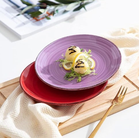 7.5 - 10.5 Inch Dinner Red Yellow Orange Purple Blue Green Ceramic Plate Six Set Large Dinner Dessert Salad Dinner ware for Kitchen and Dishwasher Safe, Multicolor