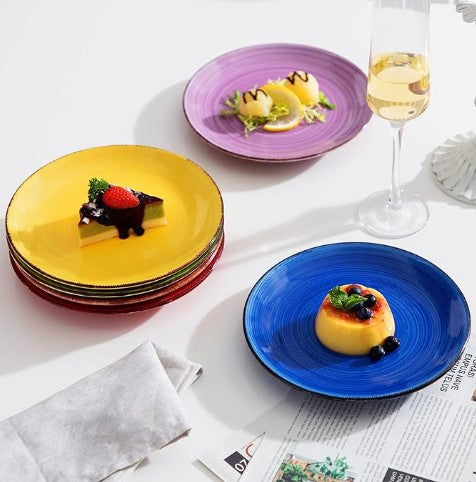 7.5 - 10.5 Inch Dinner Red Yellow Orange Purple Blue Green Ceramic Plate Six Set Large Dinner Dessert Salad Dinner ware for Kitchen and Dishwasher Safe, Multicolor