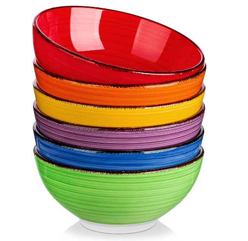 Set of 6 Colorful Ceramic Stone Kitchen Soup Cereal Pasta Bowls Plates