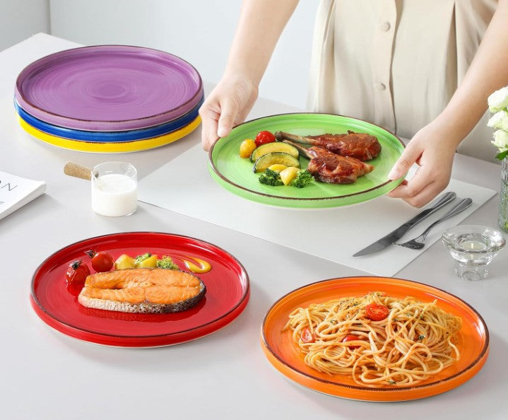 10.5 Inch Dinner Red Yellow Orange Purple Blue Green Plates, Ceramic Dinner Plate Six Set Large Dinnerware Plates for Kitchen, Microwave, Oven and Dishwasher Safe, Multicolor