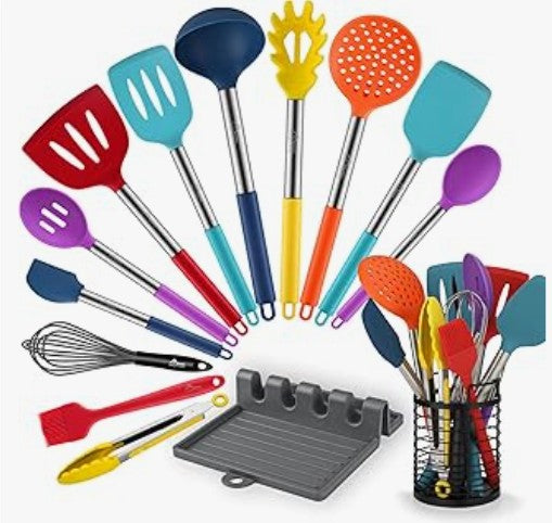 11-14 Piece Rainbow Silicone Spatula Bundle with Holder & Measuring Spoons – Multicolor High Heat-Resistant Cooking Utensils for Nonstick Cookware – Flexible Turner, Spoon, Spatula, Brush, BPA FDA Safe